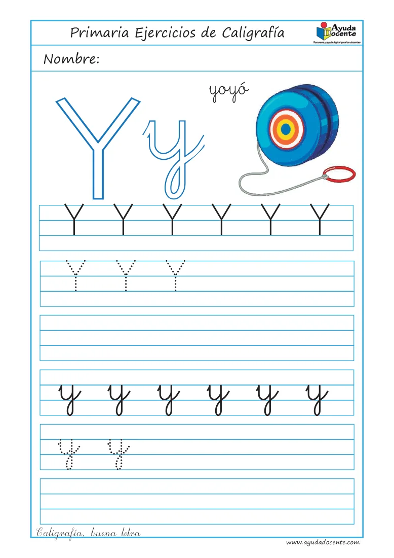 Página 32 del cuaderno de caligrafía: la letra Y con un yoyó