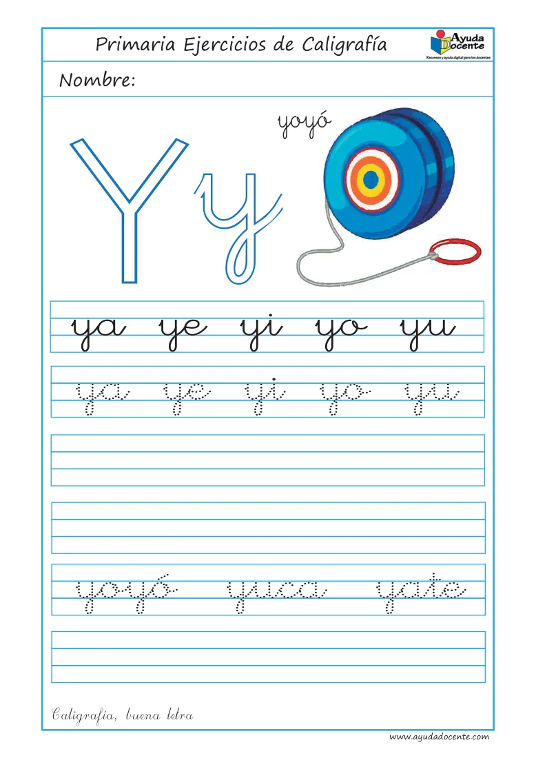 Página 33 del cuaderno de caligrafía: sílabas y palabras con la letra Y