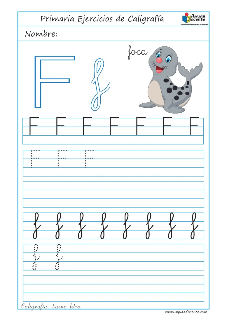 Página 34 del cuaderno de caligrafía: la letra F con una foca