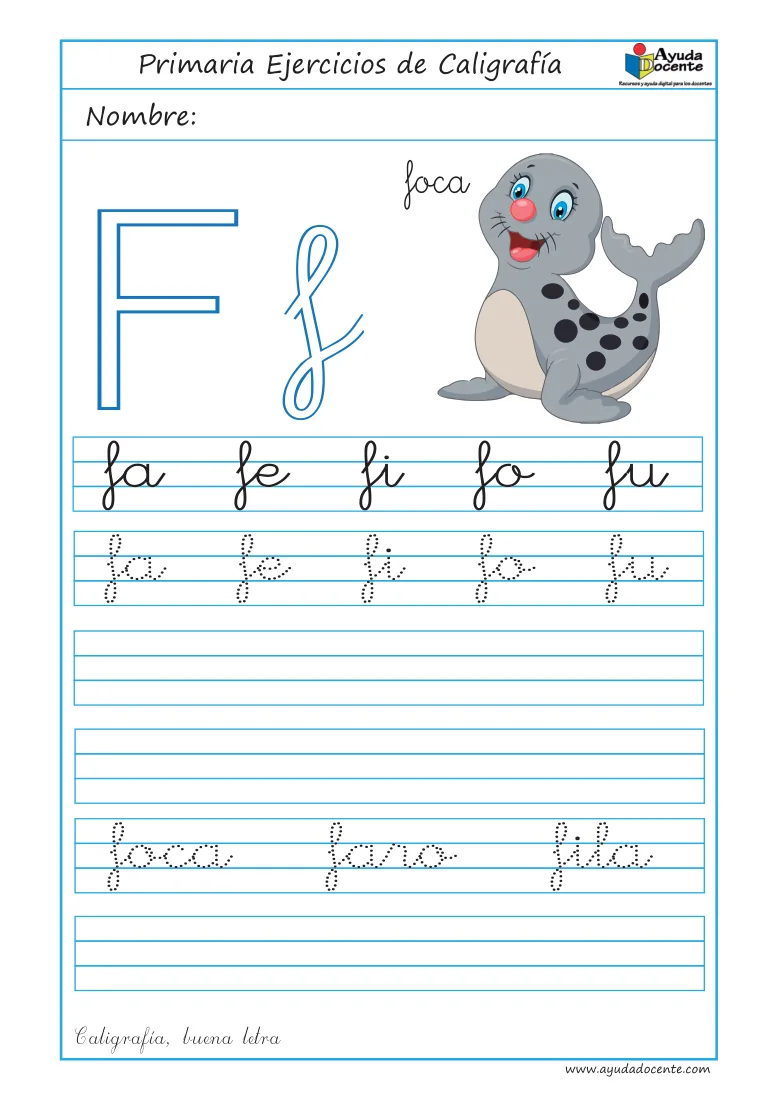 Página 35 del cuaderno de caligrafía: sílabas y palabras con la letra F