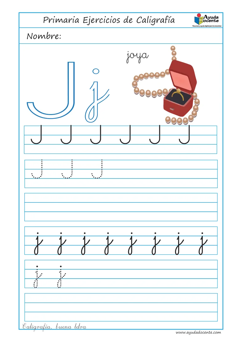 Página 36 del cuaderno de caligrafía: la letra J con unas joyas