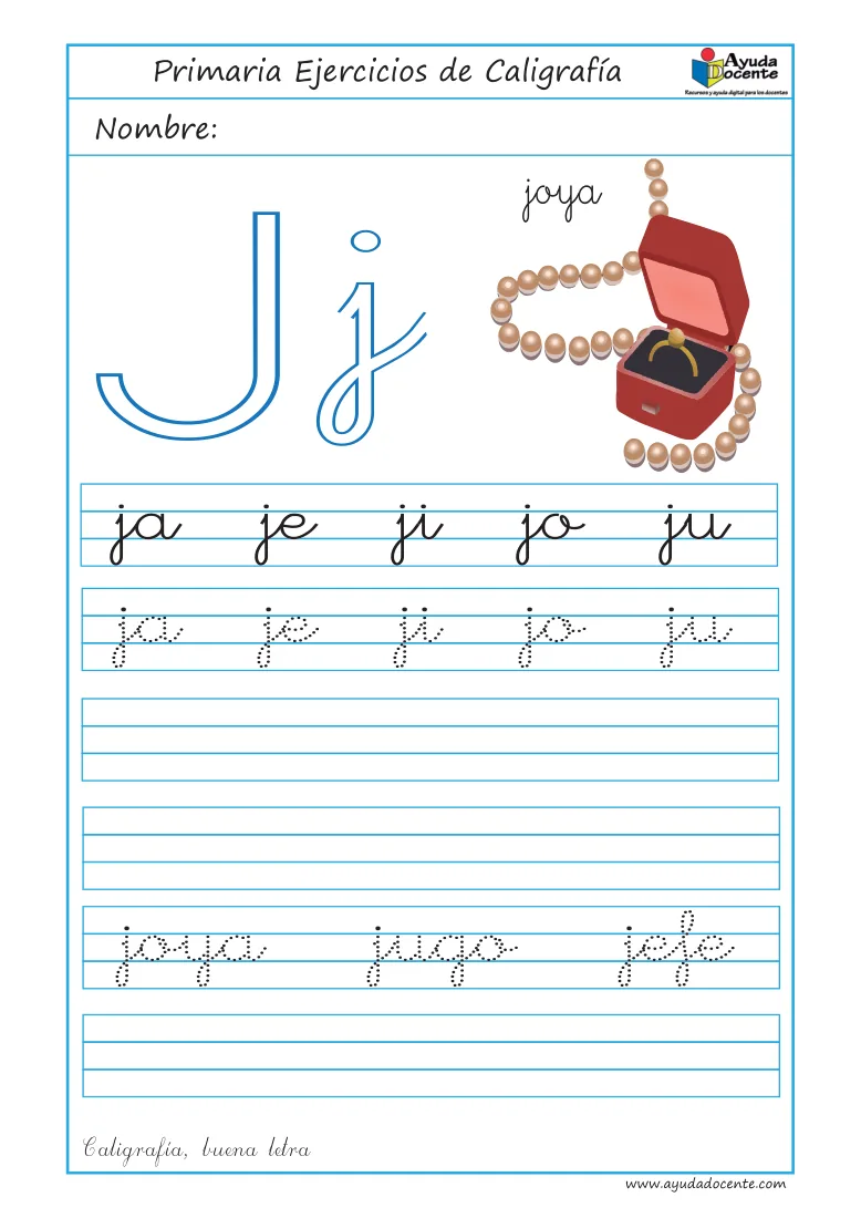 Página 37 del cuaderno de caligrafía: sílabas y palabras con la letra J