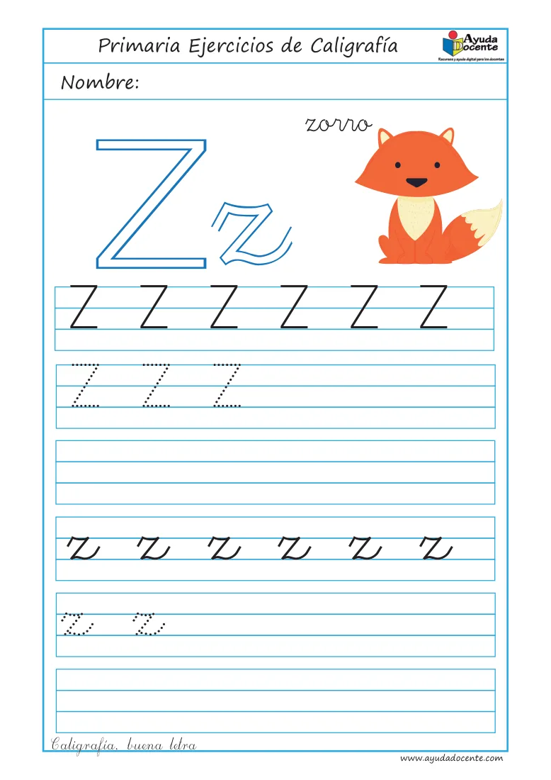 Página 38 del cuaderno de caligrafía: la letra Z con un zorro