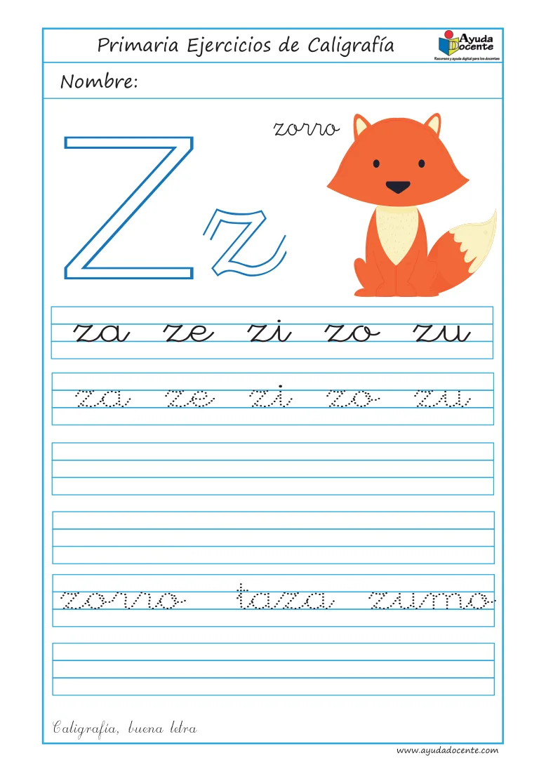 Página 39 del cuaderno de caligrafía: sílabas y palabras con la letra Z