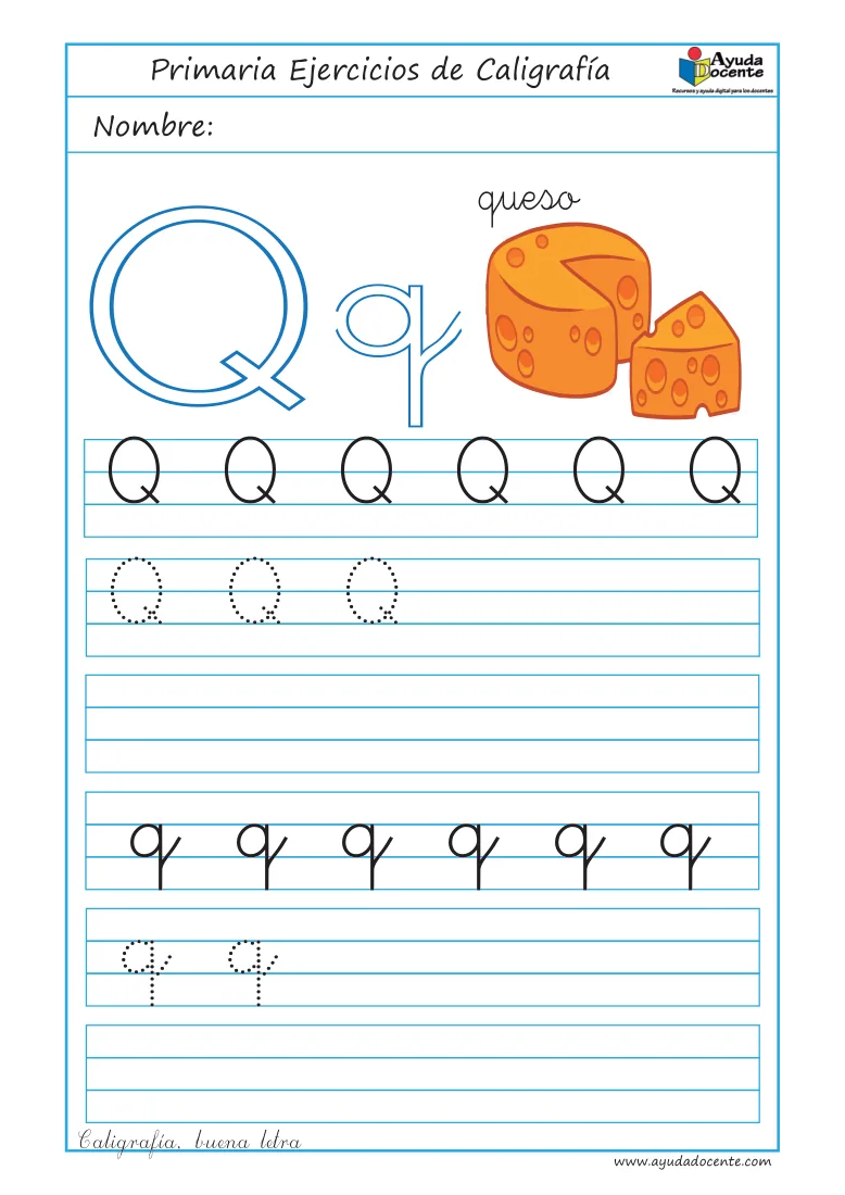 Página 40 del cuaderno de caligrafía: la letra Q con un queso