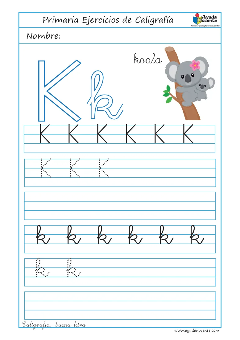 Página 42 del cuaderno de caligrafía: la letra K con un koala