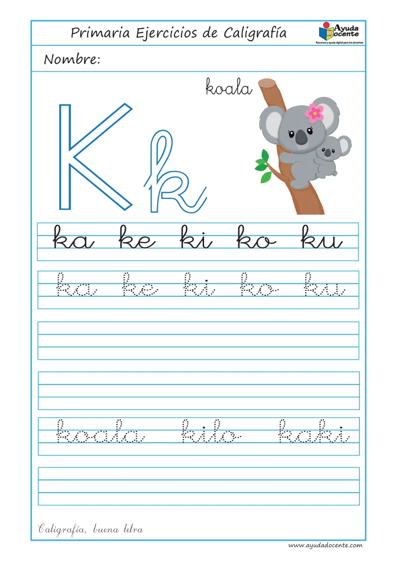 Página 43 del cuaderno de caligrafía: sílabas y palabras con la letra K