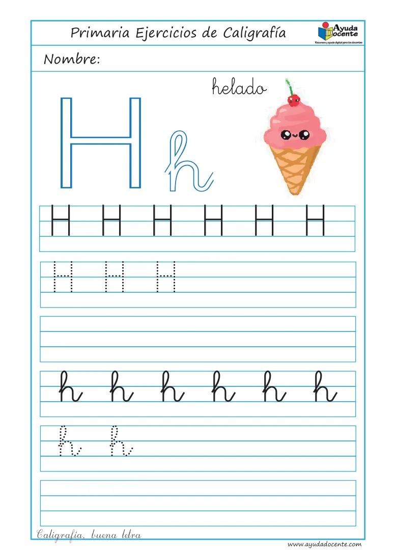 Página 44 del cuaderno de caligrafía: la letra H con un helado
