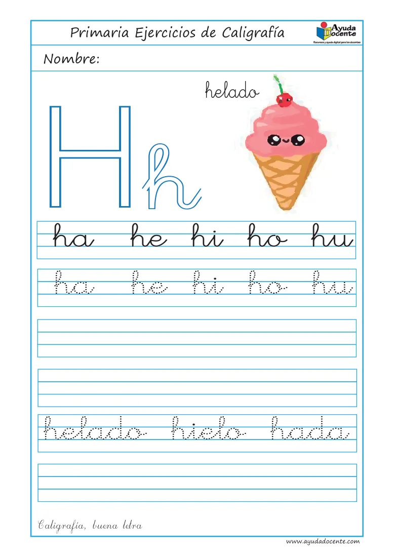 Página 45 del cuaderno de caligrafía: sílabas y palabras con la letra H