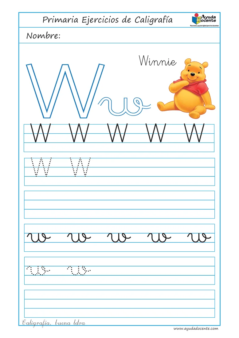 Página 46 del cuaderno de caligrafía: la letra W con Winnie the Pooh