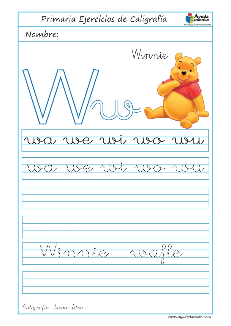 Página 47 del cuaderno de caligrafía: sílabas y palabras con la letra W