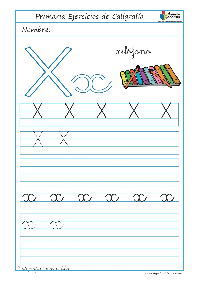 Página 48 del cuaderno de caligrafía: la letra X con un xilófono