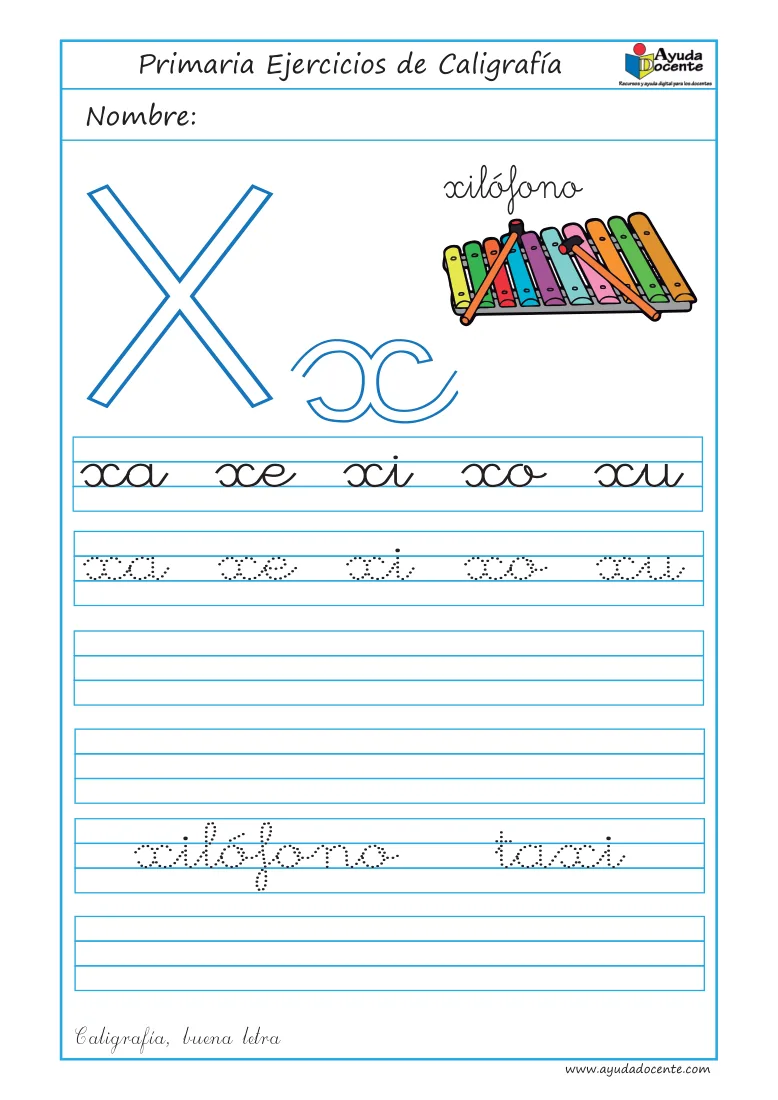 Página 49 del cuaderno de caligrafía: sílabas y palabras con la letra X