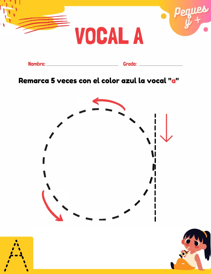 Página 2 del cuaderno de vocales: repasar la a minúscula siguiendo las flechas
