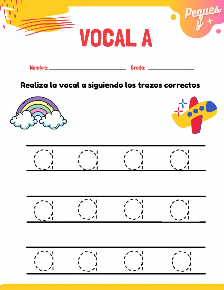 Página 3 del cuaderno de vocales: escribir la a sobre la pauta, con un arcoíris y un avión