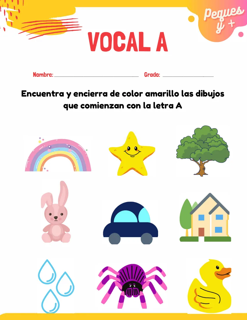 Página 4 del cuaderno de vocales: rodear los dibujos que empiezan por a, como la araña o el arcoíris