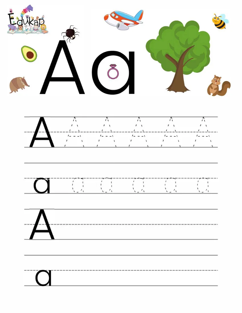 Página 5 del cuaderno de vocales: repasar la A mayúscula y la a minúscula, con un árbol y una abeja