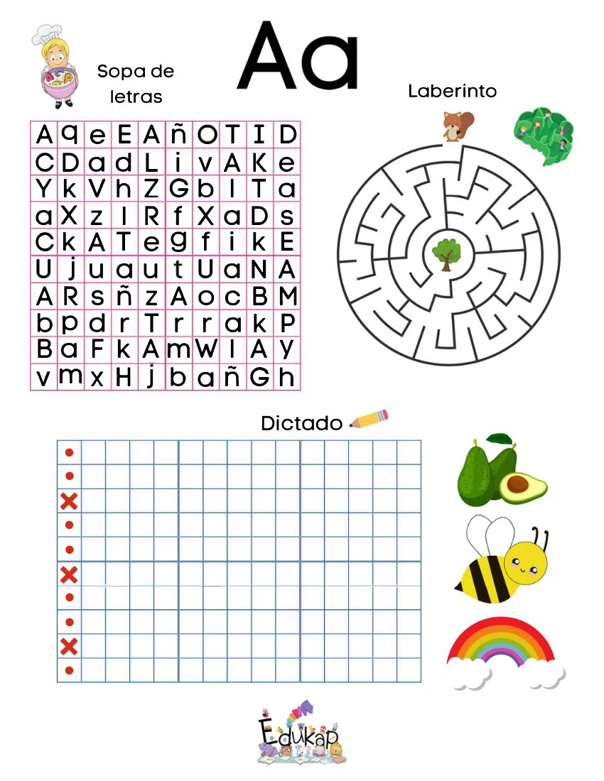 Página 6 del cuaderno de vocales: sopa de letras, laberinto y dictado de la a