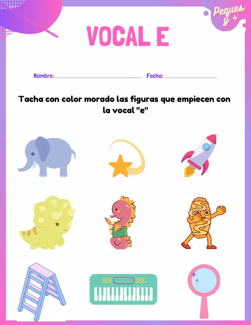 Página 7 del cuaderno de vocales: tachar las figuras que empiezan por e, como el elefante o la escalera
