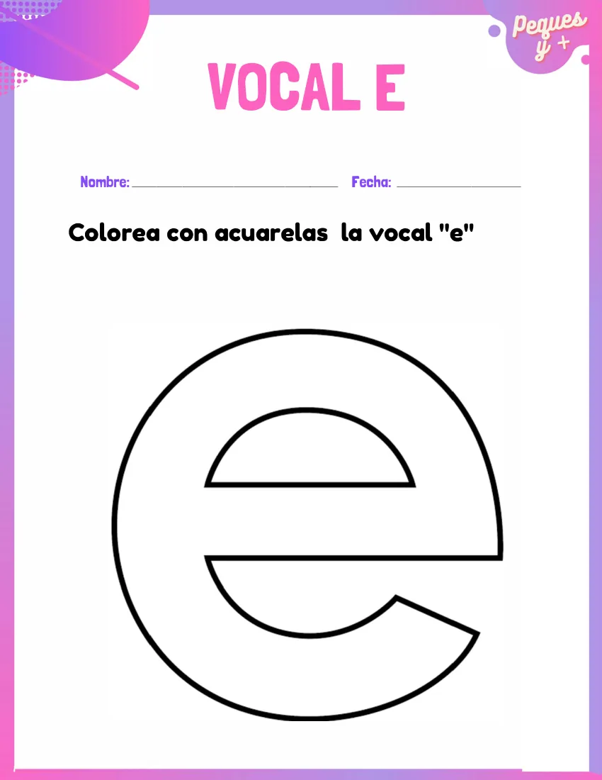 Página 8 del cuaderno de vocales: colorear con acuarelas una e grande