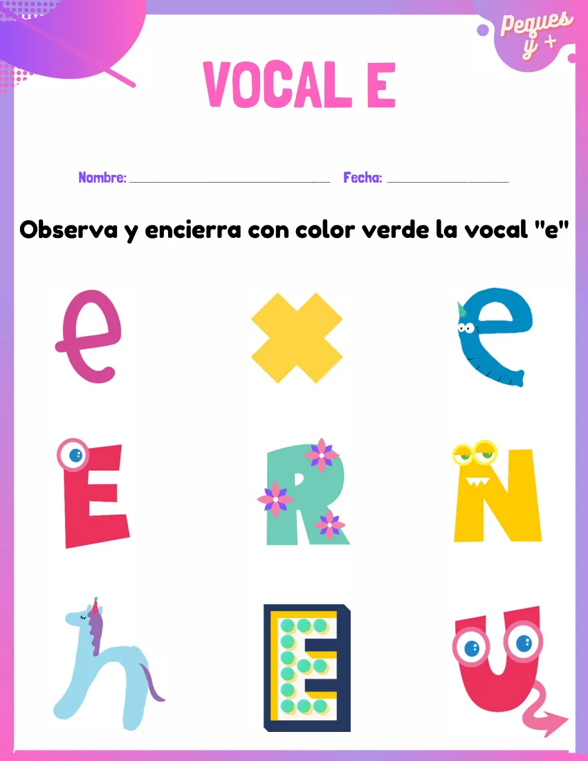 Página 10 del cuaderno de vocales: rodear la e entre otras letras