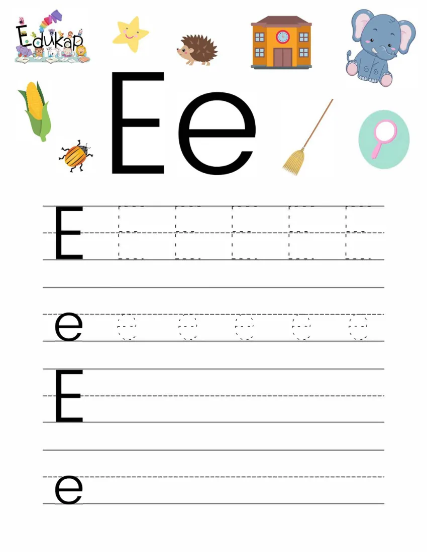 Página 11 del cuaderno de vocales: repasar la E mayúscula y la e minúscula, con un elefante y una escoba