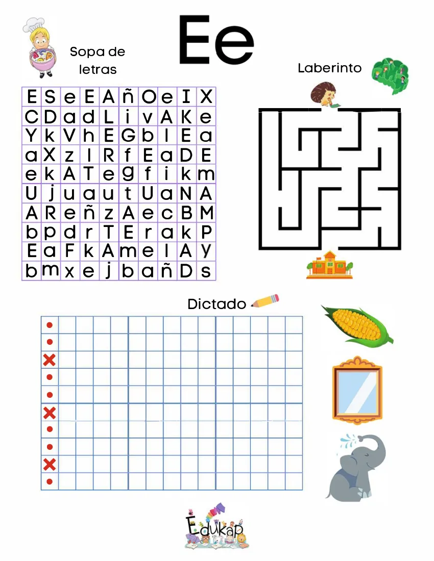 Página 12 del cuaderno de vocales: sopa de letras, laberinto y dictado de la e
