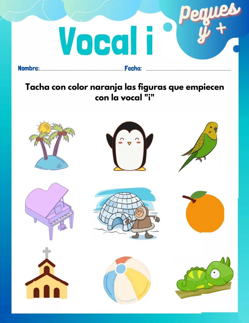 Página 14 del cuaderno de vocales: tachar las figuras que empiezan por i, como el iglú o la isla