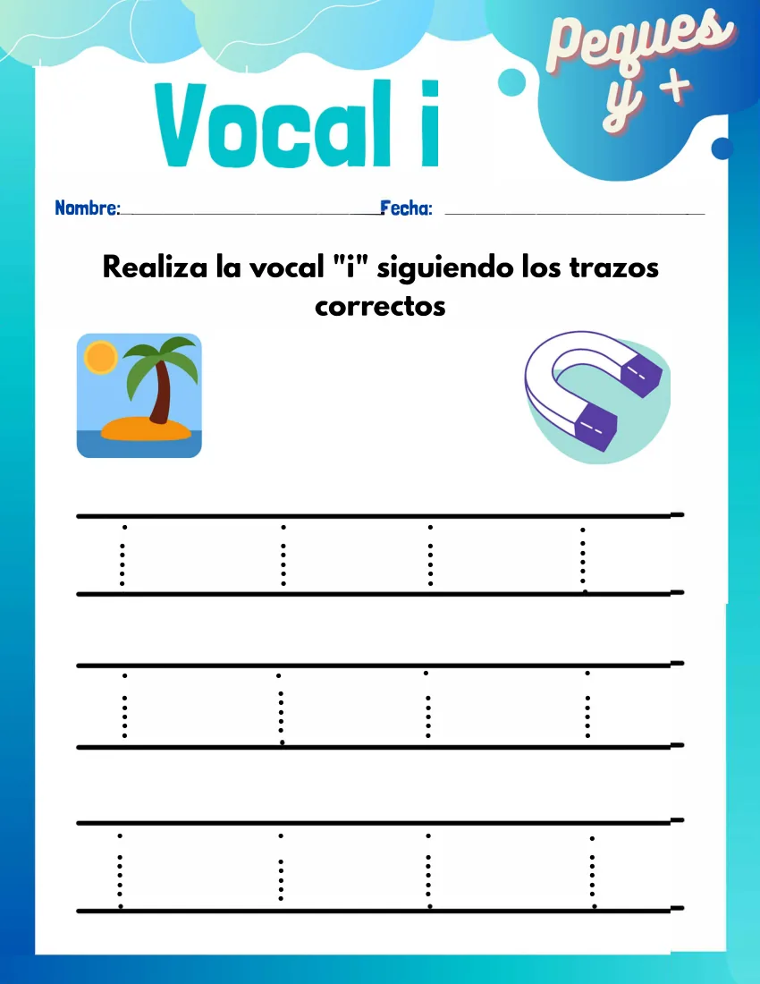 Página 15 del cuaderno de vocales: escribir la i sobre la pauta, con una isla y un imán
