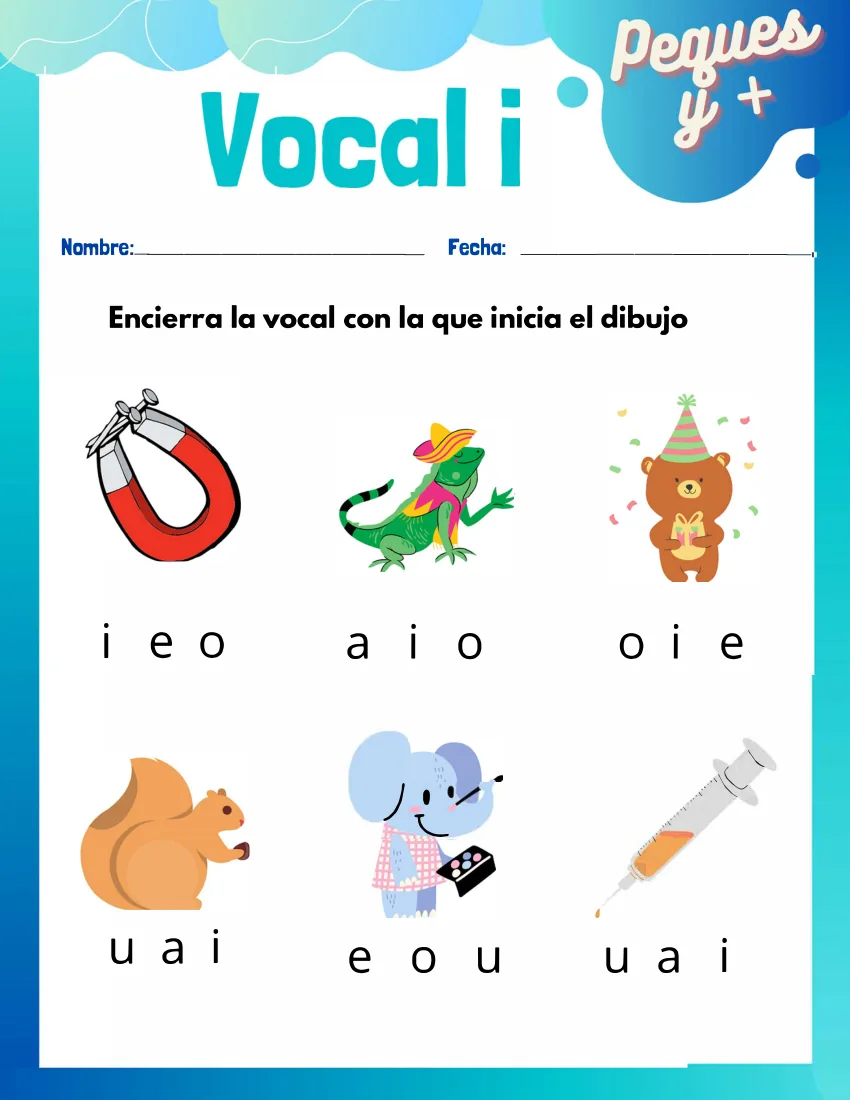 Página 16 del cuaderno de vocales: rodear la vocal con la que empieza cada dibujo