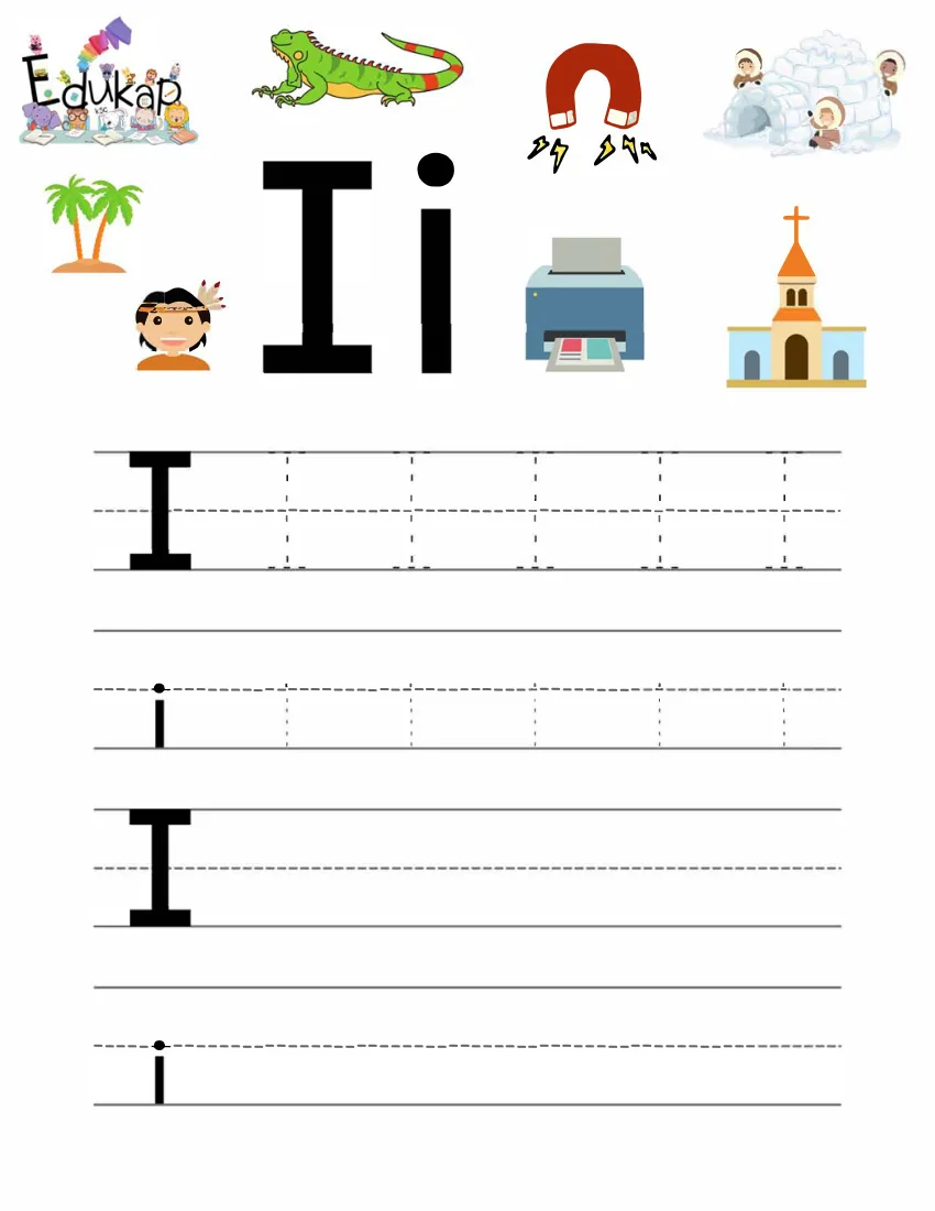 Página 17 del cuaderno de vocales: repasar la I mayúscula y la i minúscula, con una iguana y un iglú