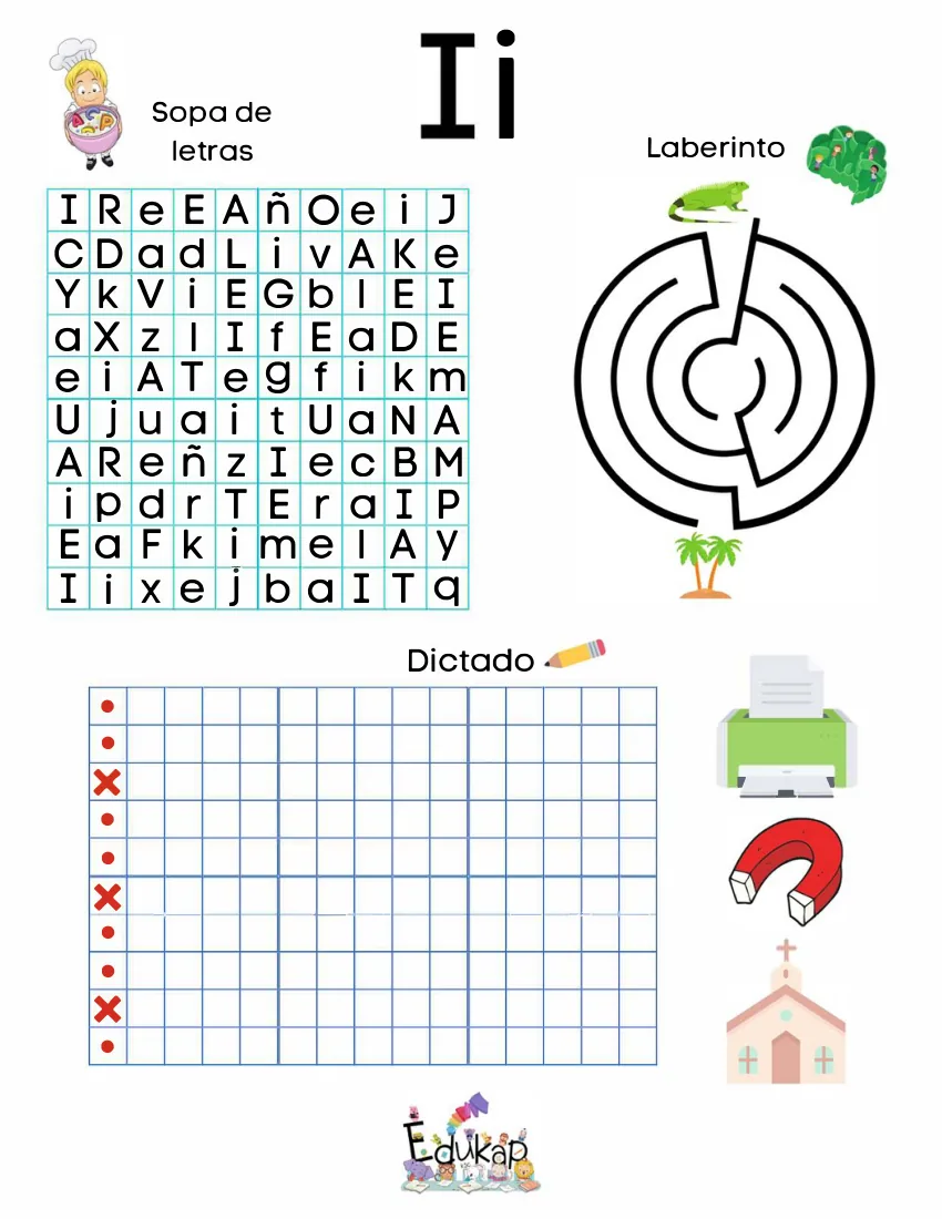 Página 18 del cuaderno de vocales: sopa de letras, laberinto y dictado de la i