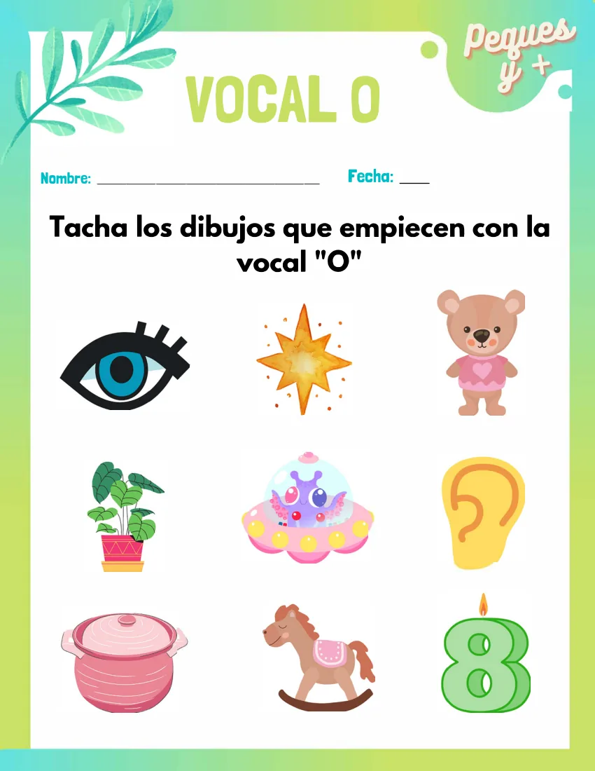 Página 19 del cuaderno de vocales: tachar los dibujos que empiezan por o, como el ojo o el oso
