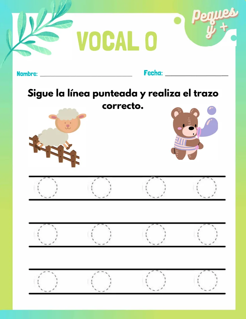 Página 20 del cuaderno de vocales: escribir la o sobre la pauta, con una oveja y un oso