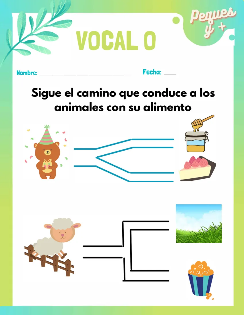 Página 22 del cuaderno de vocales: seguir el camino que lleva a cada animal hasta su comida