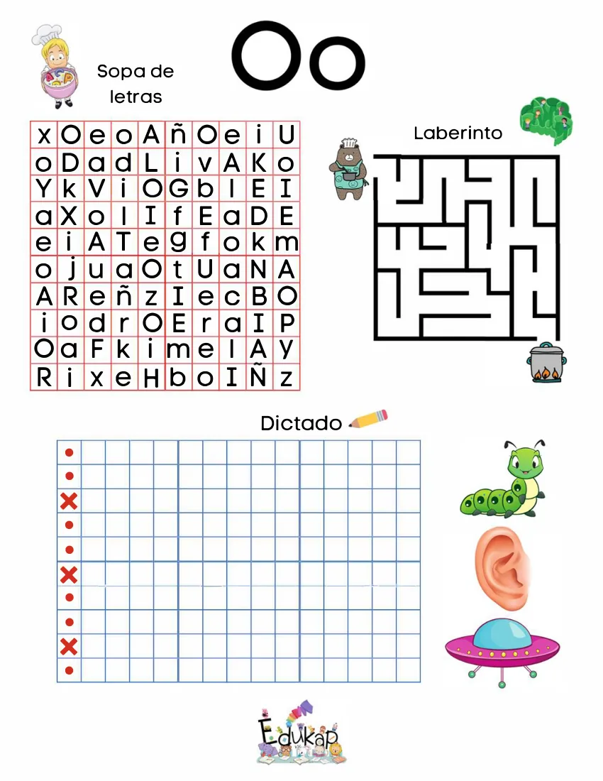 Página 24 del cuaderno de vocales: sopa de letras, laberinto y dictado de la o