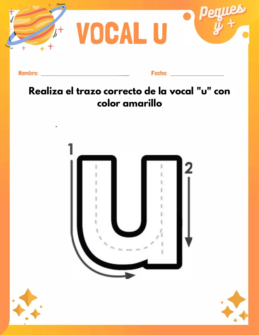 Página 25 del cuaderno de vocales: repasar la u siguiendo el orden de los trazos