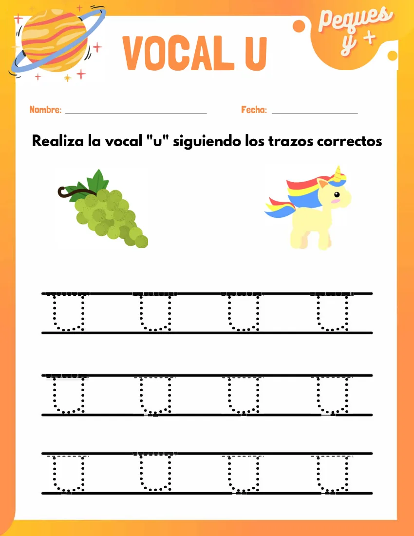 Página 26 del cuaderno de vocales: escribir la u sobre la pauta, con unas uvas y un unicornio
