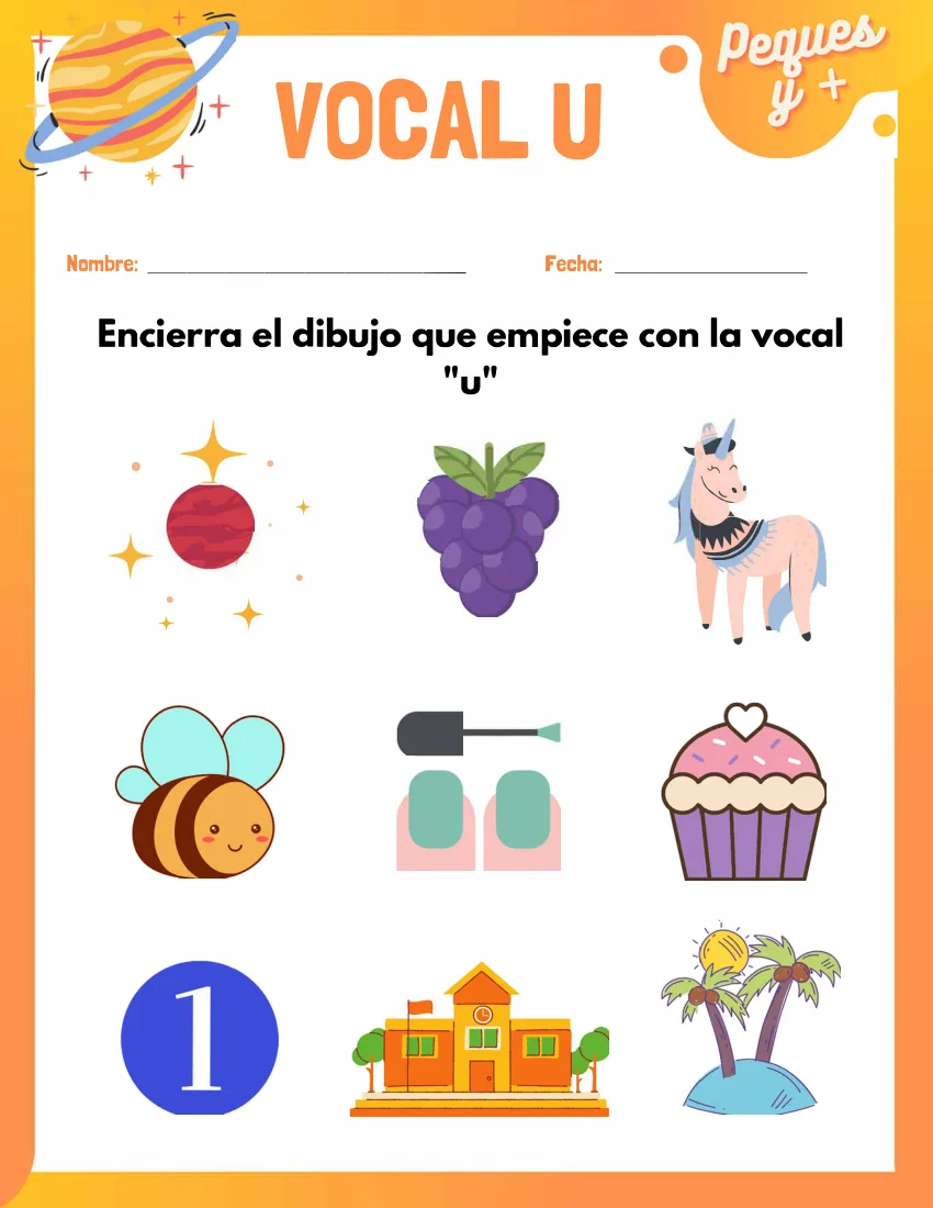 Página 27 del cuaderno de vocales: rodear los dibujos que empiezan por u, como las uvas o el unicornio