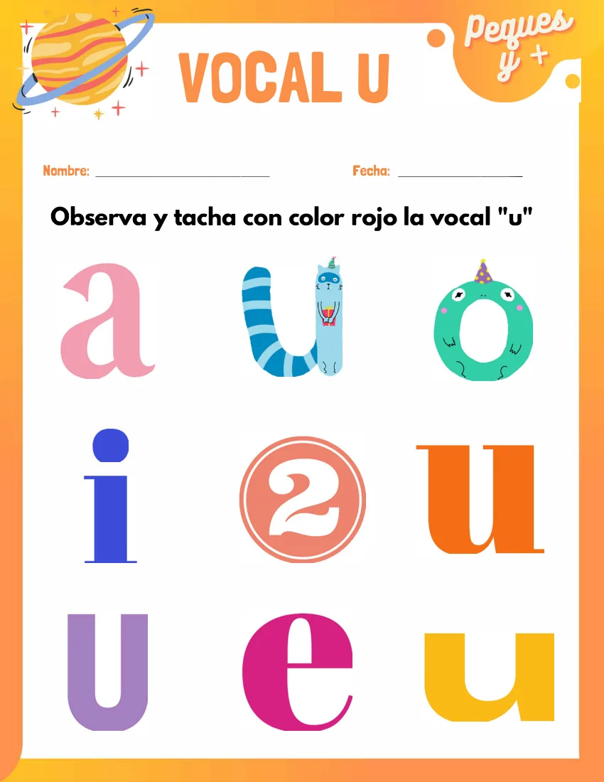 Página 28 del cuaderno de vocales: tachar la u entre otras letras