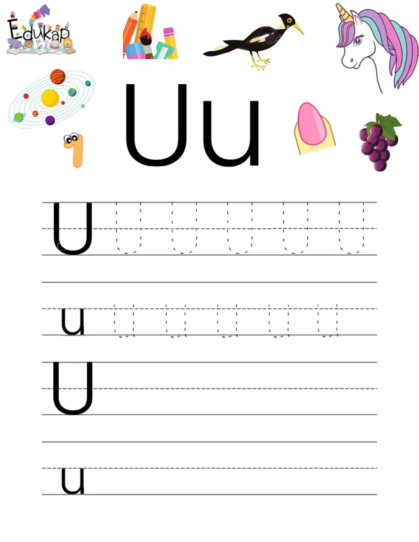 Página 29 del cuaderno de vocales: repasar la U mayúscula y la u minúscula, con unas uvas y un unicornio