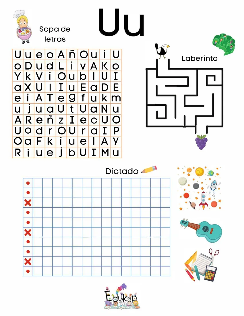 Página 30 del cuaderno de vocales: sopa de letras, laberinto y dictado de la u