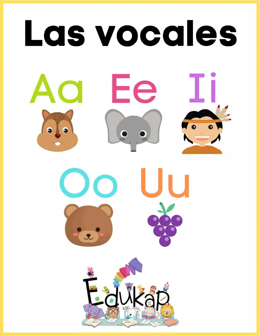Página 31 del cuaderno de vocales: póster de las cinco vocales con un dibujo para cada una