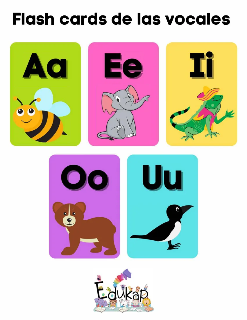 Página 32 del cuaderno de vocales: tarjetas de las cinco vocales con un animal en cada una