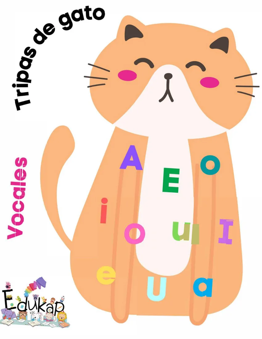 Página 33 del cuaderno de vocales: juego de tripas de gato con las vocales