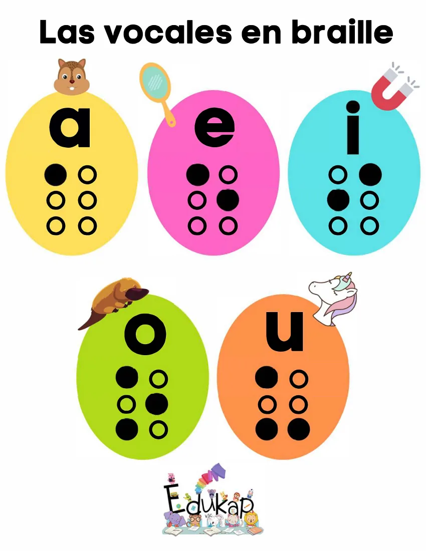 Página 35 del cuaderno de vocales: las cinco vocales en braille