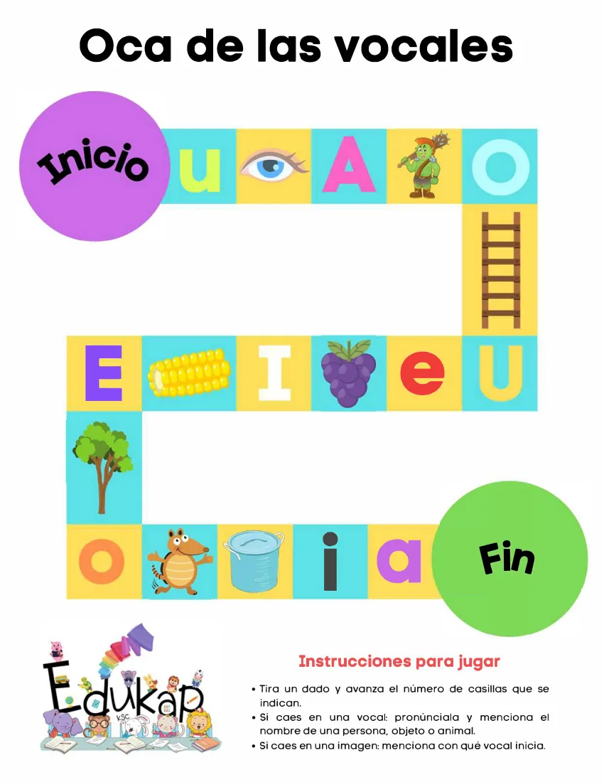 Página 37 del cuaderno de vocales: juego de la oca de las vocales con sus instrucciones