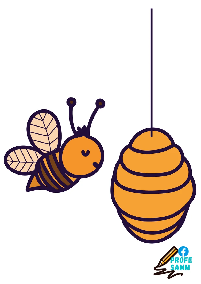 Abeja junto a un panal que cuelga de un hilo