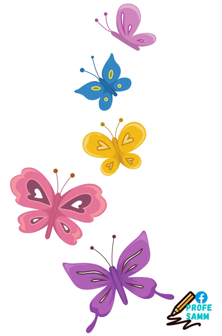 Cinco mariposas pequeñas de colores en una lámina