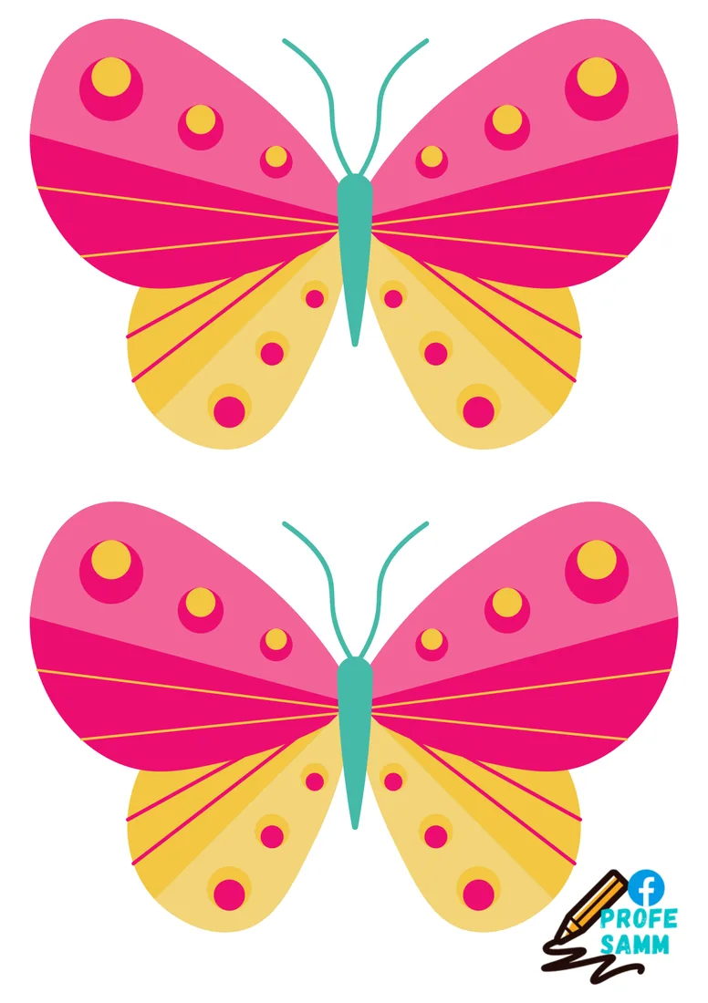 Dos mariposas rosas y amarillas iguales para recortar